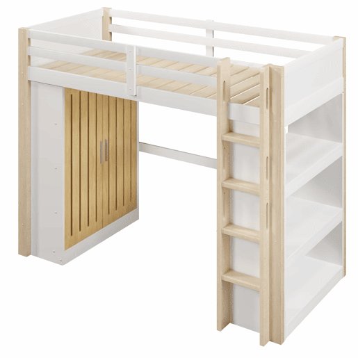Cama alta 90x200 cm - com luzes LED, armário e estante, sem colchão - branco e natural