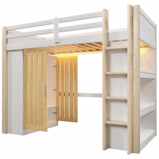 Cama alta 90x200 cm - com luzes LED, armário e estante, sem colchão - branco e natural