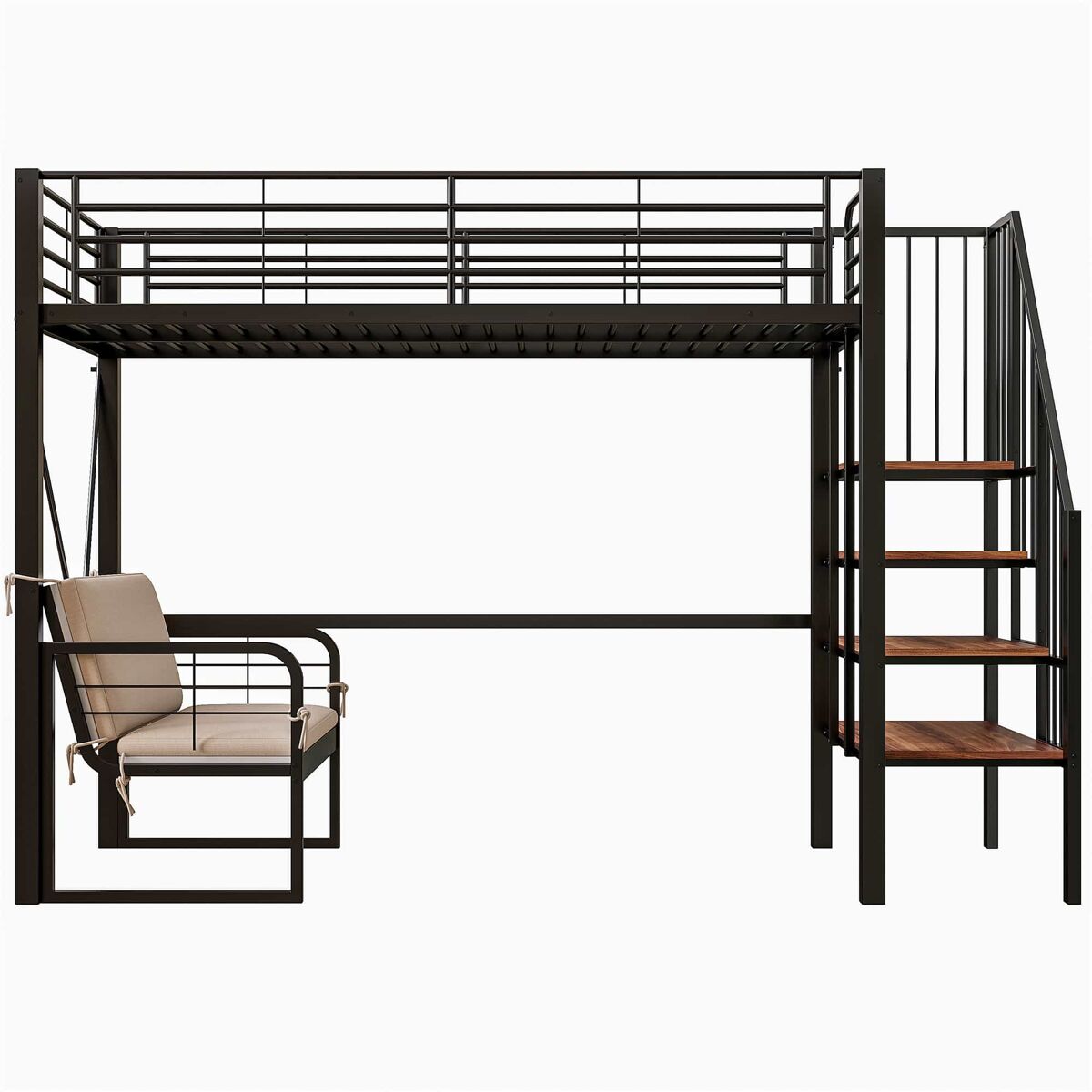 Litera 90x200 - estructura metálica, sofá tapizado desmontable, almacenamiento, escalera de seguridad - negro