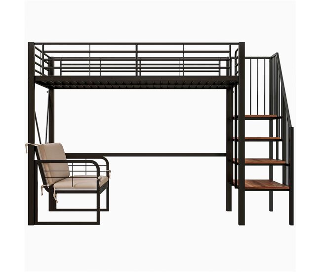 Litera 90x200 - estructura metálica, sofá tapizado desmontable, almacenamiento, escalera de seguridad - negro