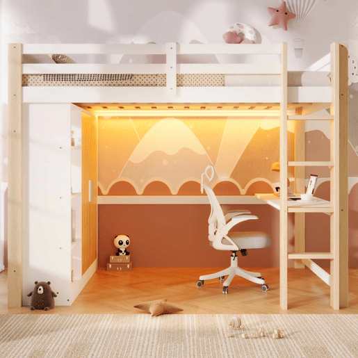 Beliche 140x200 cm - com luzes LED, armário, estante e secretária, sem colchão - branco e natural