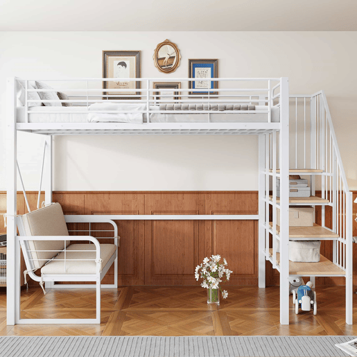 Beliche 90x200 cm - com estrutura metálica resistente, sofá estofado removível, espaço de armazenamento e escada de segurança - Branco