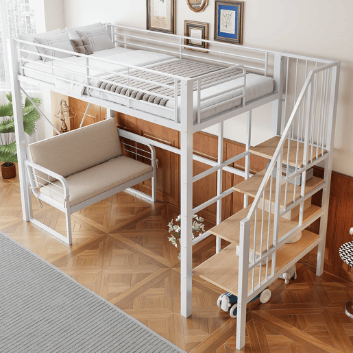 Beliche 90x200 cm - com estrutura metálica resistente, sofá estofado removível, espaço de armazenamento e escada de segurança - Branco