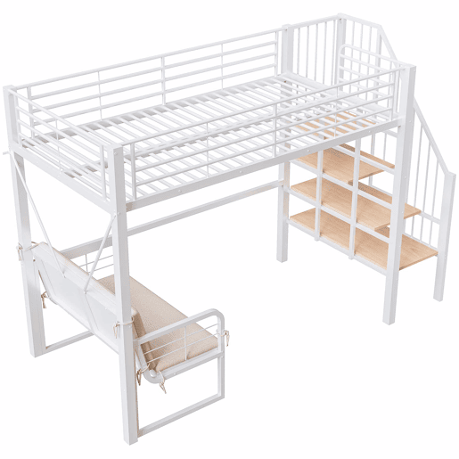 Beliche 90x200 cm - com estrutura metálica resistente, sofá estofado removível, espaço de armazenamento e escada de segurança - Branco