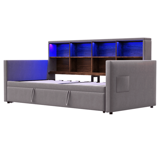 Sofá-cama 90x190 cm - Cabeceira com arrumação, luzes LED e tomadas, com cama extensível, estofado em veludo, cinza escuro