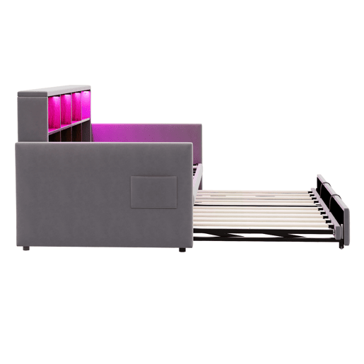Sofá-cama 90x190 cm - Cabeceira com arrumação, luzes LED e tomadas, com cama extensível, estofado em veludo, cinza escuro