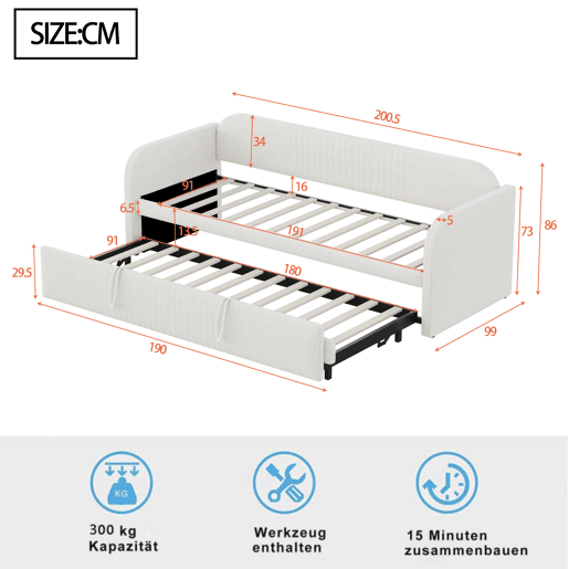 Sofá-cama extensível 90180*190 cm - Com riscas verticais, com estrado, multifuncional - Bege