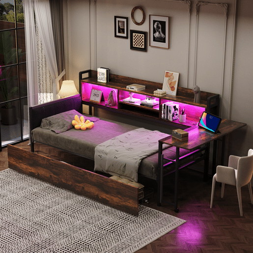 Sofá-cama de ferro 90 x 200 cm - Com iluminação LED, arrumação, gavetas e secretária dobrável - Cor madeira