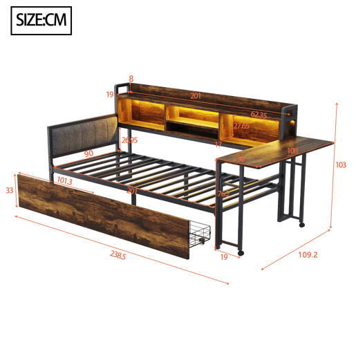 Sofá-cama de ferro 90 x 200 cm - Com iluminação LED, arrumação, gavetas e secretária dobrável - Cor madeira