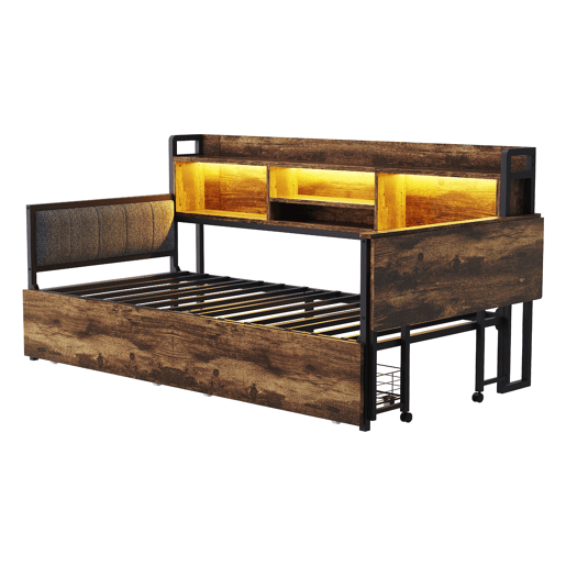Sofá-cama de ferro 90 x 200 cm - Com iluminação LED, arrumação, gavetas e secretária dobrável - Cor madeira
