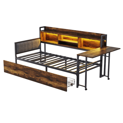 Sofá-cama de ferro 90 x 200 cm - Com iluminação LED, arrumação, gavetas e secretária dobrável - Cor madeira