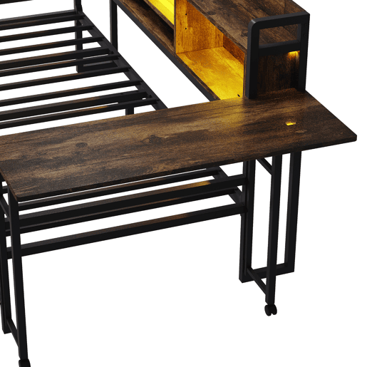 Sofá-cama de ferro 90 x 200 cm - Com iluminação LED, arrumação, gavetas e secretária dobrável - Cor madeira