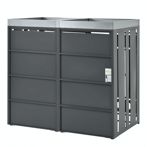 Caixa de lixo - Compartimentos de armazenamento - Fechável, Duas portas, Área de plantação, Painel da porta com veios verticais de madeira, Rodapé oco em forma de diamante - Cinza, Madeira