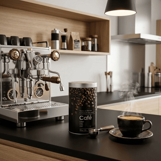 Lata de café Well Home em metal com relevo, edição preta.