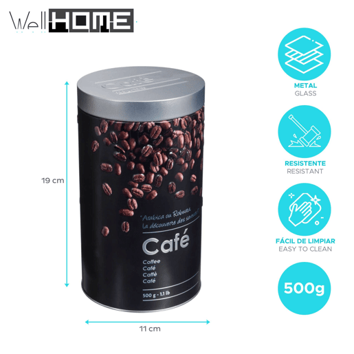 Lata de café Well Home em metal com relevo, edição preta.