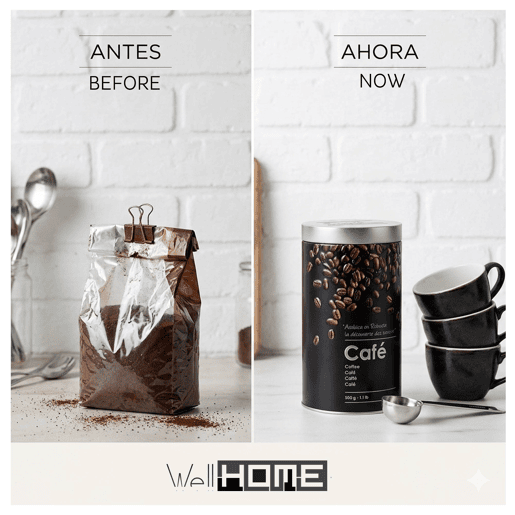 Lata de café Well Home em metal com relevo, edição preta.