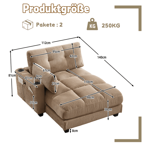 Poltrona de palma de 1 lugar - almofadas às riscas, apoios de braços com almofadas rolantes, 3 copos, bolso lateral - Caqui