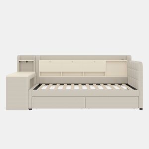 Daybett 90x200 cm - Sofá-cama com 2 gavetas, secretária, USB + Tipo C, arrumação, linho, bege