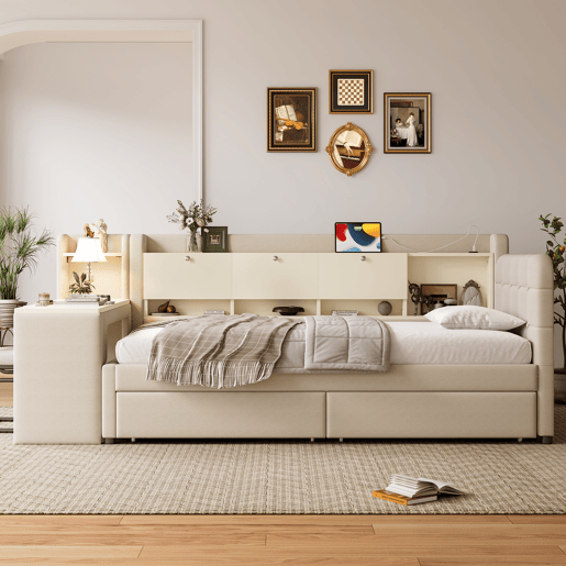 Daybett 90x200 cm - Sofá-cama com 2 gavetas, secretária, USB + Tipo C, arrumação, linho, bege