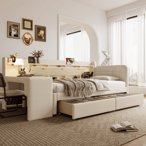 Daybett 90x200 cm - Sofá-cama com 2 gavetas, secretária, USB + Tipo C, arrumação, linho, bege