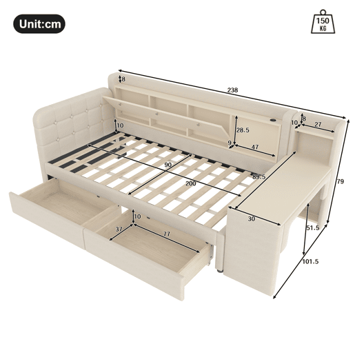 Daybett 90x200 cm - Sofá-cama com 2 gavetas, secretária, USB + Tipo C, arrumação, linho, bege