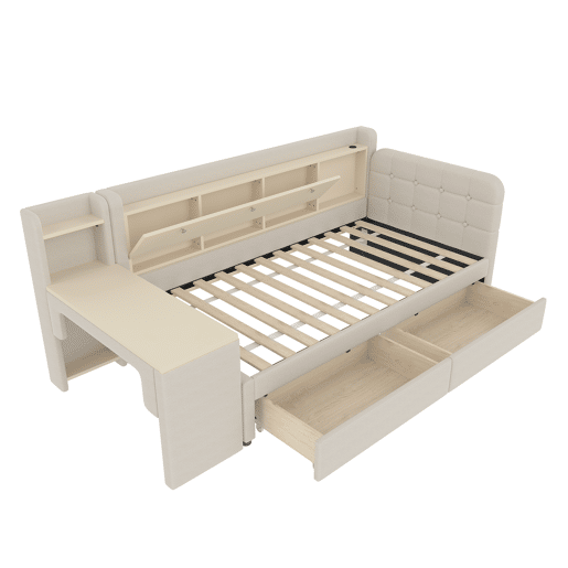 Daybett 90x200 cm - Sofá-cama com 2 gavetas, secretária, USB + Tipo C, arrumação, linho, bege