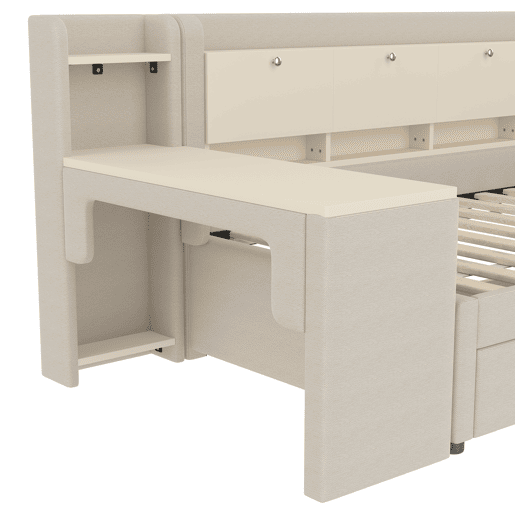 Daybett 90x200 cm - Sofá-cama com 2 gavetas, secretária, USB + Tipo C, arrumação, linho, bege