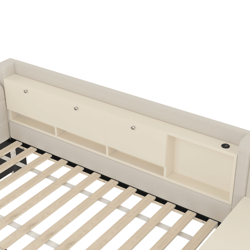Daybett 90x200 cm - Sofá-cama com 2 gavetas, secretária, USB + Tipo C, arrumação, linho, bege