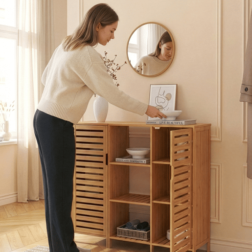 Armário lateral Hakseri com 2 portas bambu 87x99x33 cm natural en.casa