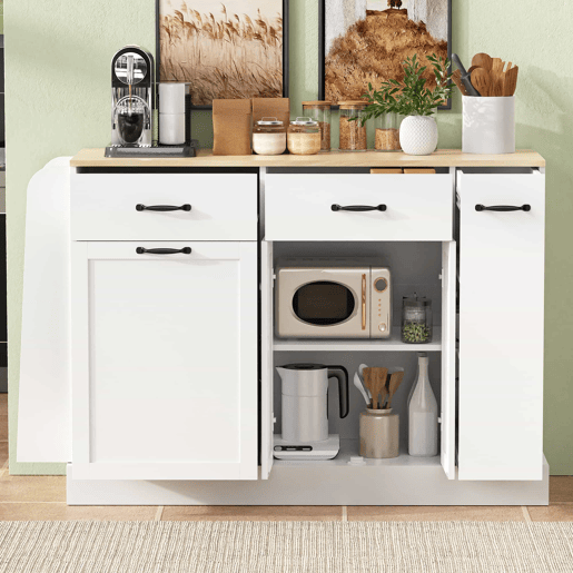 Aparador moderno - várias gavetas, compartimento para lixo e prateleira para especiarias - branco
