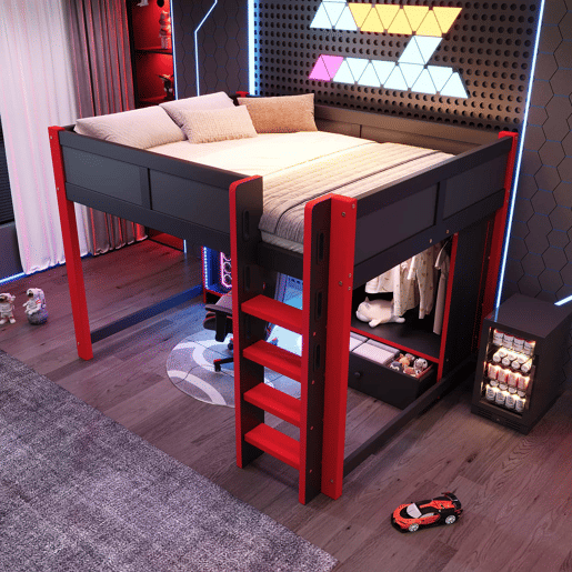 Cama alta 140x200 cm - com LED, cama gaming com secretária, armário e gavetas grandes - preto+vermelho