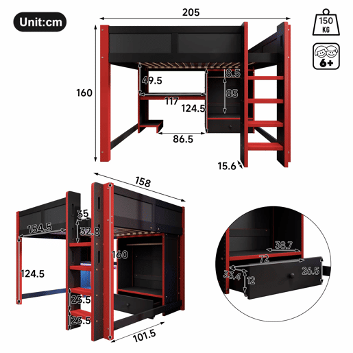 Cama alta 140x200 cm - com LED, cama gaming com secretária, armário e gavetas grandes - preto+vermelho