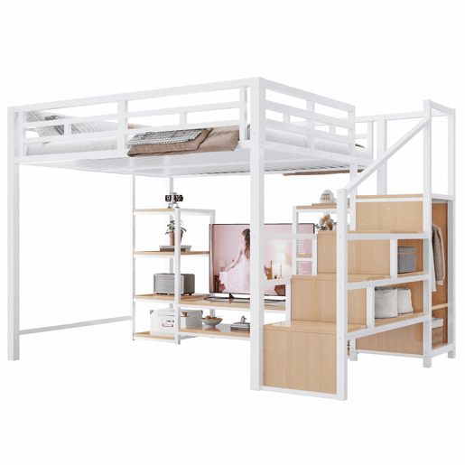 Cama alta 140x200 - Com suporte para TV, tomada elétrica e escada de segurança, combinação de metal e madeira, moderna e economizadora de espaço, cama infantil com arrumação prática - Branca