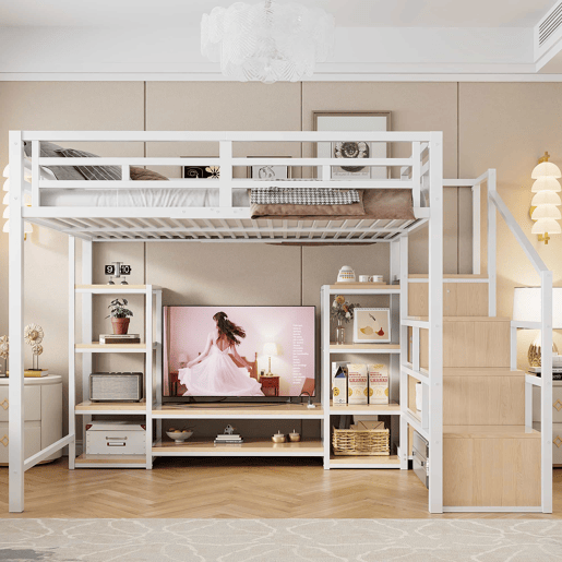 Cama alta 140x200 - Com suporte para TV, tomada elétrica e escada de segurança, combinação de metal e madeira, moderna e economizadora de espaço, cama infantil com arrumação prática - Branca