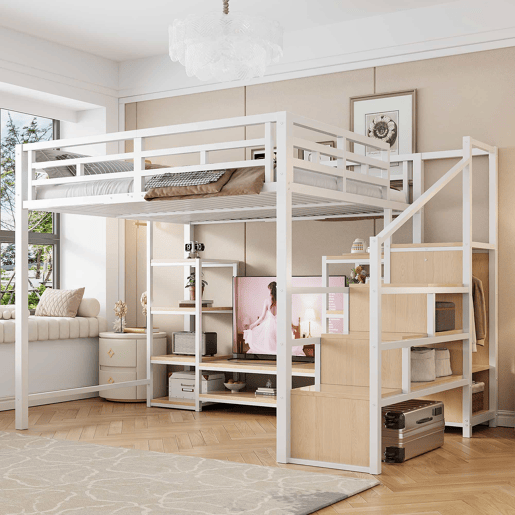 Cama alta 140x200 - Com suporte para TV, tomada elétrica e escada de segurança, combinação de metal e madeira, moderna e economizadora de espaço, cama infantil com arrumação prática - Branca
