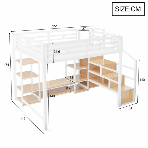 Cama alta 140x200 - Com suporte para TV, tomada elétrica e escada de segurança, combinação de metal e madeira, moderna e economizadora de espaço, cama infantil com arrumação prática - Branca