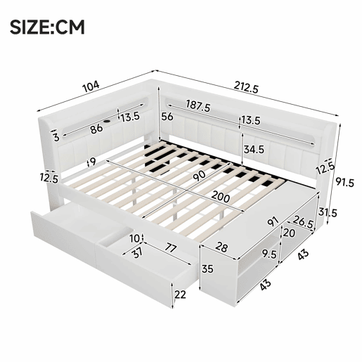 Sofá-cama estofado 90 x 200 cm - porta USB, iluminação LED, sapateira integrada, duas gavetas - branco