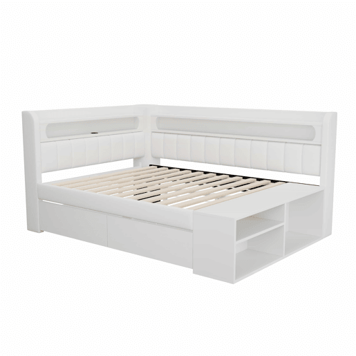 Sofá-cama estofado 90 x 200 cm - porta USB, iluminação LED, sapateira integrada, duas gavetas - branco