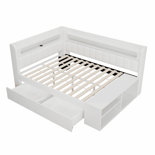 Sofá-cama estofado 90 x 200 cm - porta USB, iluminação LED, sapateira integrada, duas gavetas - branco