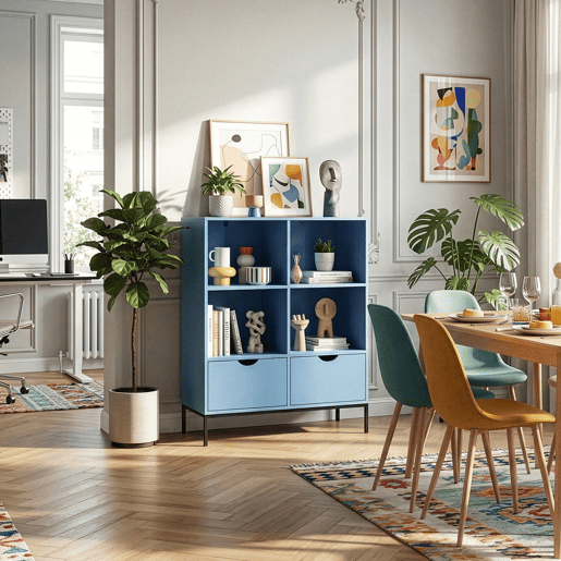 Libreria Colwyn com 2 gavetas e 4 compartimentos MDF 105x80x40 cm - Azul en.casa