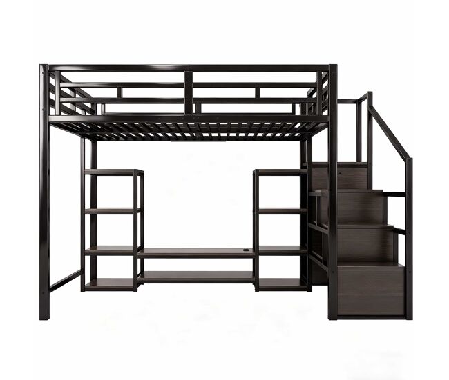 Litera alta 140x200 - soporte tv, enchufe, escalera seguridad, almacenamiento, combinación metal-madera - negro