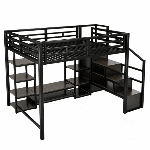 Beliche alto 140x200 - suporte para TV, tomada, escada de segurança, arrumação, combinação de metal e madeira - Preto
