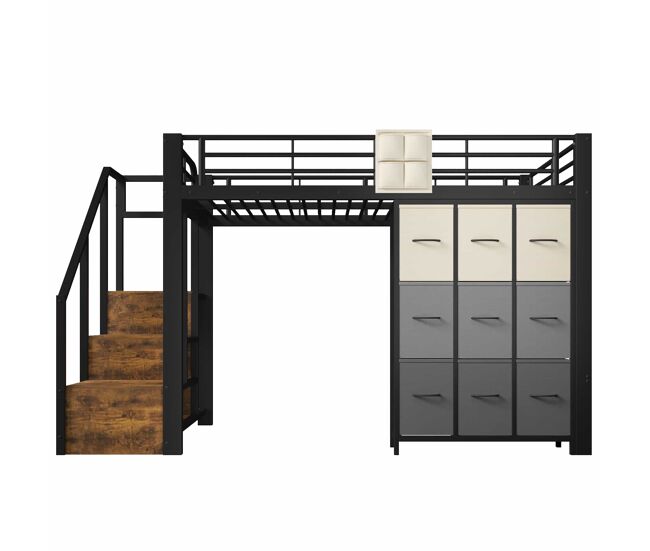 Litera alta 140x200 cm - con cajones, barra para ropa, barandilla, escalera con almacenamiento, sin colchón - negro