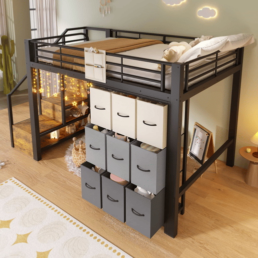 Beliche alto 140 x 200 cm - Com gavetas, barra para roupa, grade de proteção, escada com espaço de arrumação, sem colchão - Preto