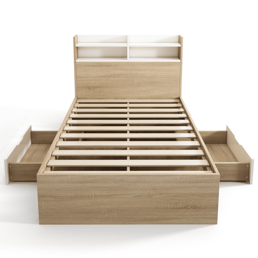 Cama individual 90x200 - 2 gavetas, prateleiras, cabeceira com arrumação, madeira parcial - BrancoCarvalho