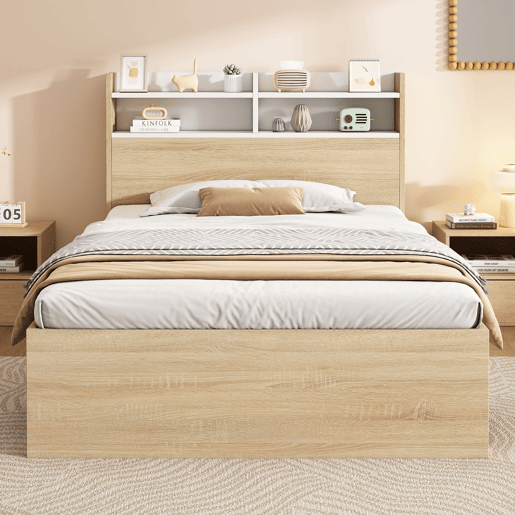 Cama individual 90x200 - 2 gavetas, prateleiras, cabeceira com arrumação, madeira parcial - BrancoCarvalho
