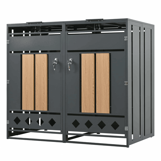 Caixa para contentores de lixo com tampa basculante - Compartimentos de armazenamento para lixo, Fecho, Duas portas, Painel da porta com veios verticais de madeira, Rodapé oco em forma de losango - Cinza, Madeira