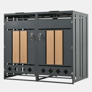 Caixa para contentores de lixo com tampa basculante - Compartimentos de armazenamento para lixo, Fecho, Duas portas, Painel da porta com veios verticais de madeira, Rodapé oco em forma de losango - Cinza, Madeira