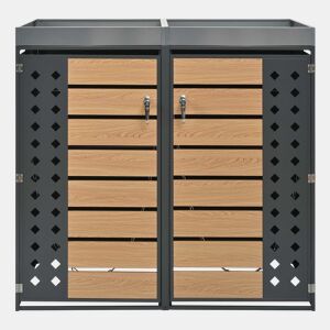 Caixa para lixo - Painéis de madeira horizontais - Compartimentos para armazenamento de lixo - Fecho - Duas portas - Área para plantas - Painel da porta com padrão diamante - Cinza, Madeira