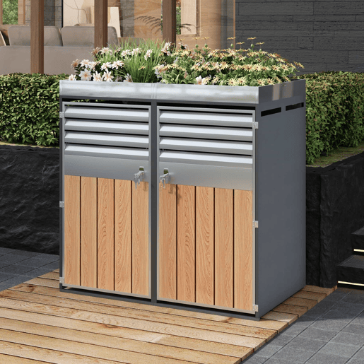Contentor do lixo 132x80x124,5 cm - com ventilação de ripas, com fechadura, 2 portas, área para plantas - CinzaMadeira